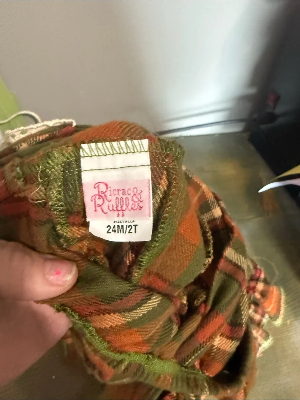 Ricrac and Ruffles Plaid Ruffle Bib One-Piece in Green & Orange size 24 M
